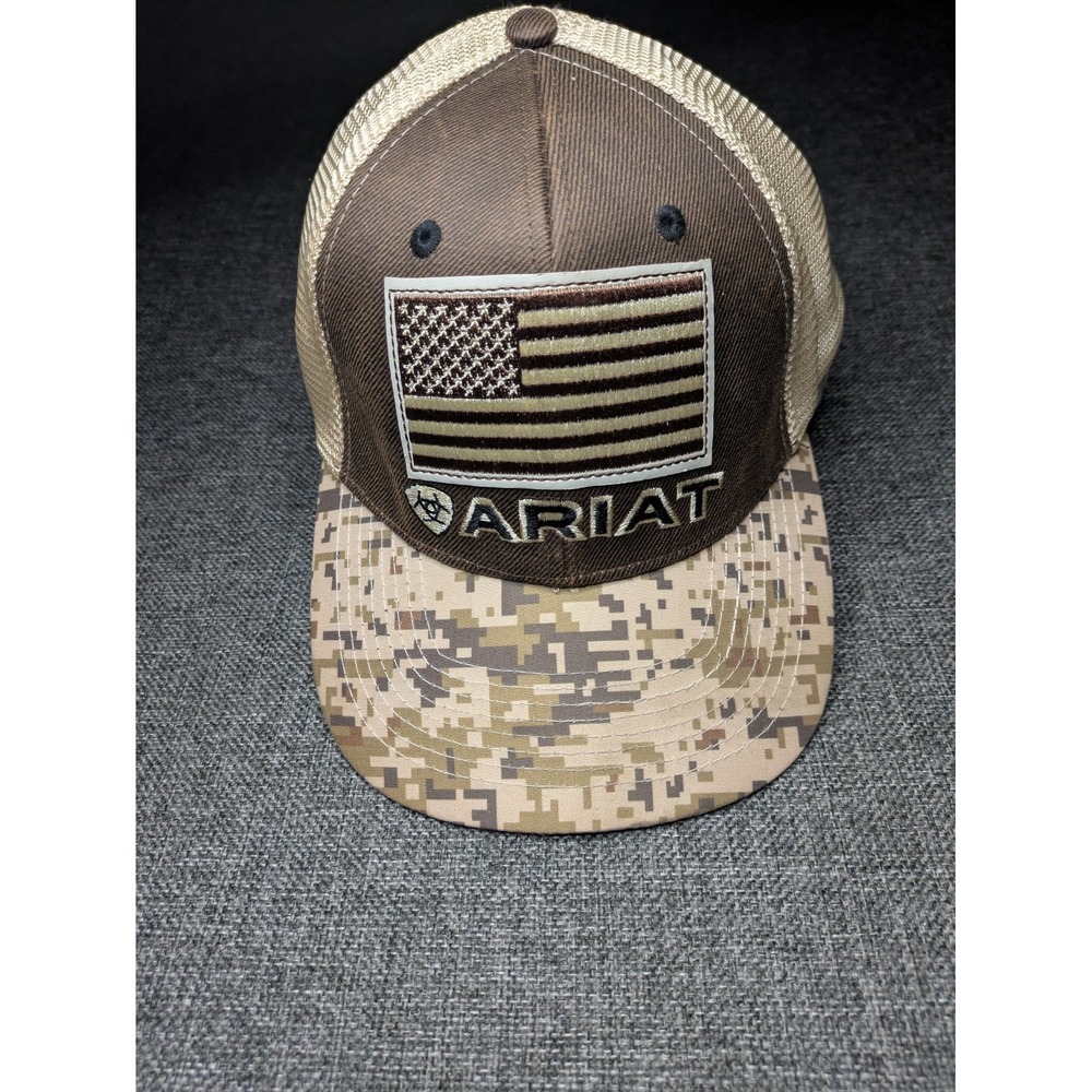 Ariat Camo American Flag Patch Logo Snapback Hat Adjustable Brown‎ Baseball Cap